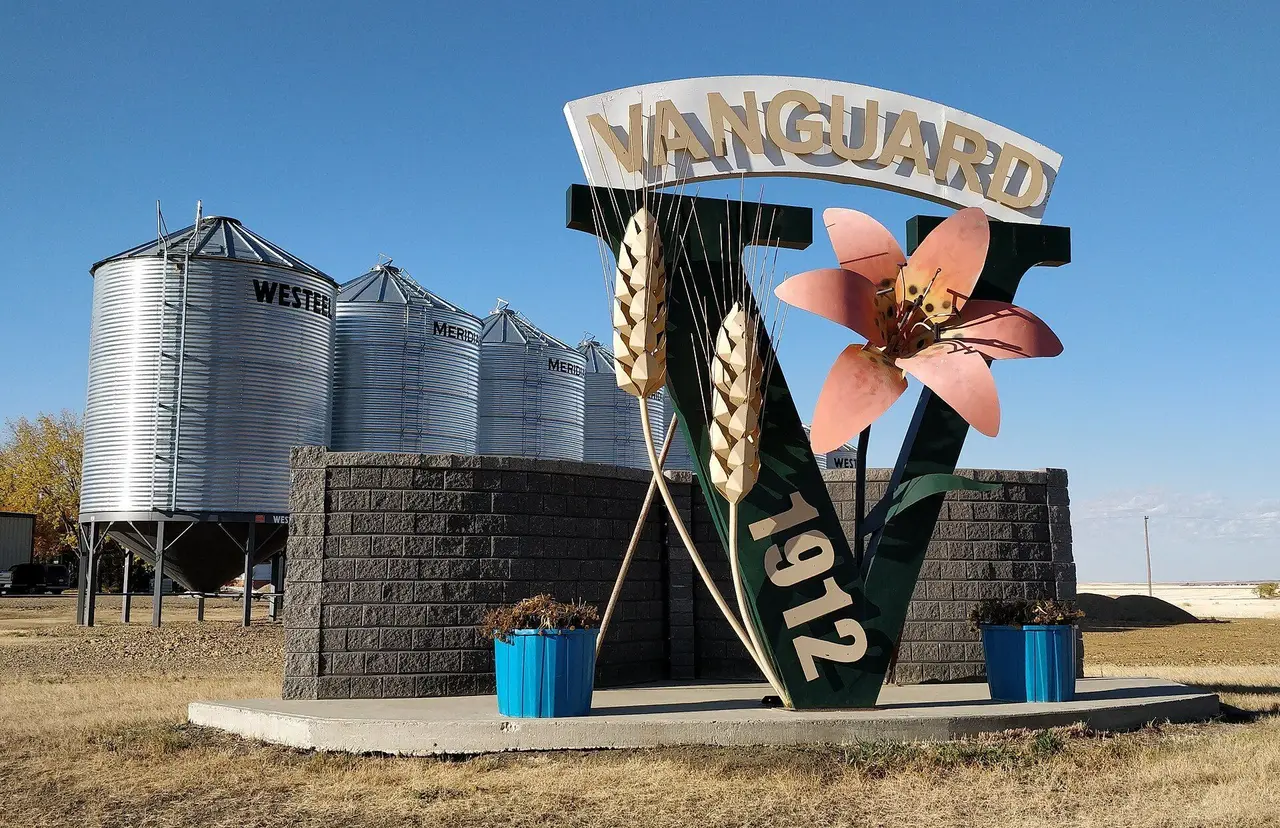 Vanguard entrance monument with grain bins, 2020